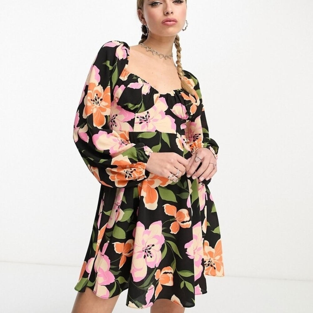 ASOS Black Mini Dress with Peach and Pink Floral Design.  Size 6